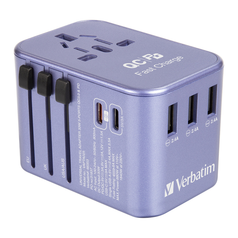 Verbatim 5 Ports 33.5W 萬用旅行充電器 [3色]