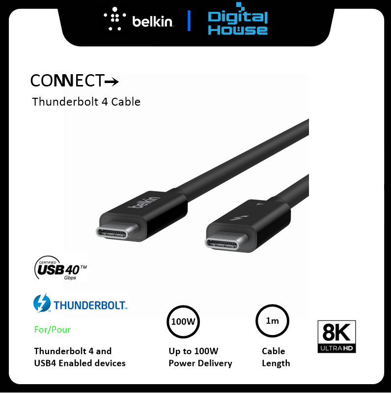Belkin CONNECT Thunderbolt 4 100W Cable, 1M, Passive(INZ003bt1MBK
