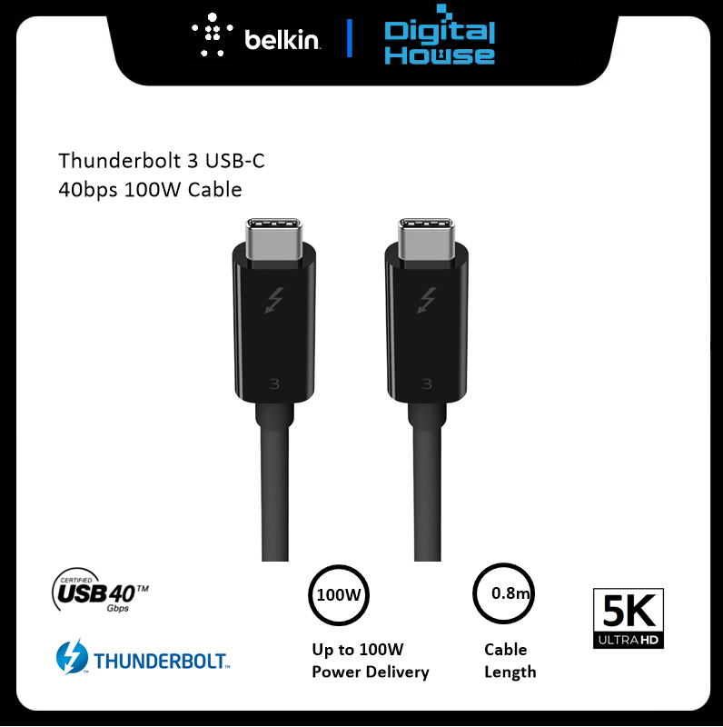 Belkin Thunderbolt 3 USBC to USBC Cable 100W (40Gbps) 0.8m (F2CD084bt0.8MBK) Digital House 數碼屋