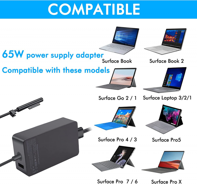 適用於 Microsoft Surface Pro 8 7 6 5 4 3 X Surface Book GO 1 2 3 4 44W 36W 筆記本電腦電源適配器的 65W 快速充電帶 USB 充電器