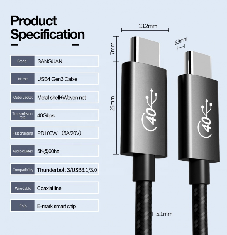 Thunderbolt 3 電纜 40Gbps PD 100W USB4 Gen3 USB-C 公頭同軸電纜 5K 雙 4K Type C 到 Type C 數據充電器音頻 視頻電纜