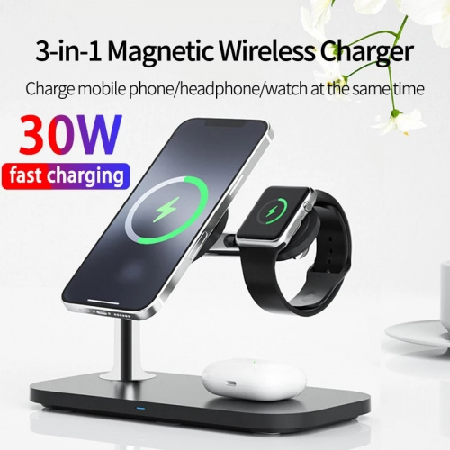 全新 3 合 1 磁性無線充電器 30W Qi 快速充電適用於 iPhone 12 13 Pro Max Apple Watch Airpods Pro 充電底座