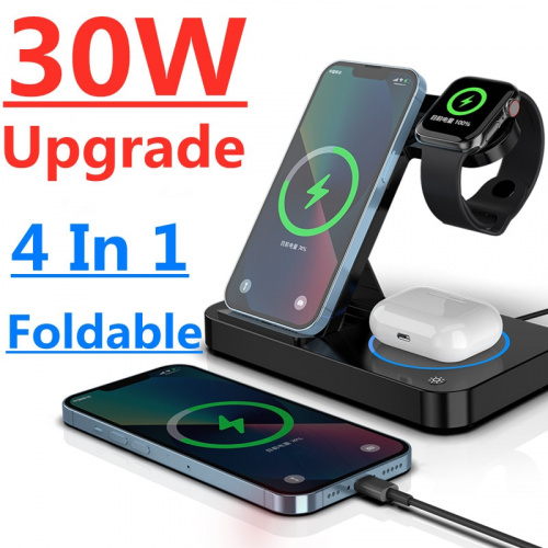 30W 4 合 1 Qi 快速無線充電器支架，適用於 iPhone 13 11 12 Apple Watch 可折疊充電底座，適用於 Airpods Pro iWatch