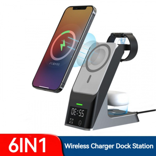 磁性無線充電器鬧鐘充電器適用於 Iphone 13 12 Pro Max Mini 6 合 1 手機 Airpods Apple Watch Dock Station