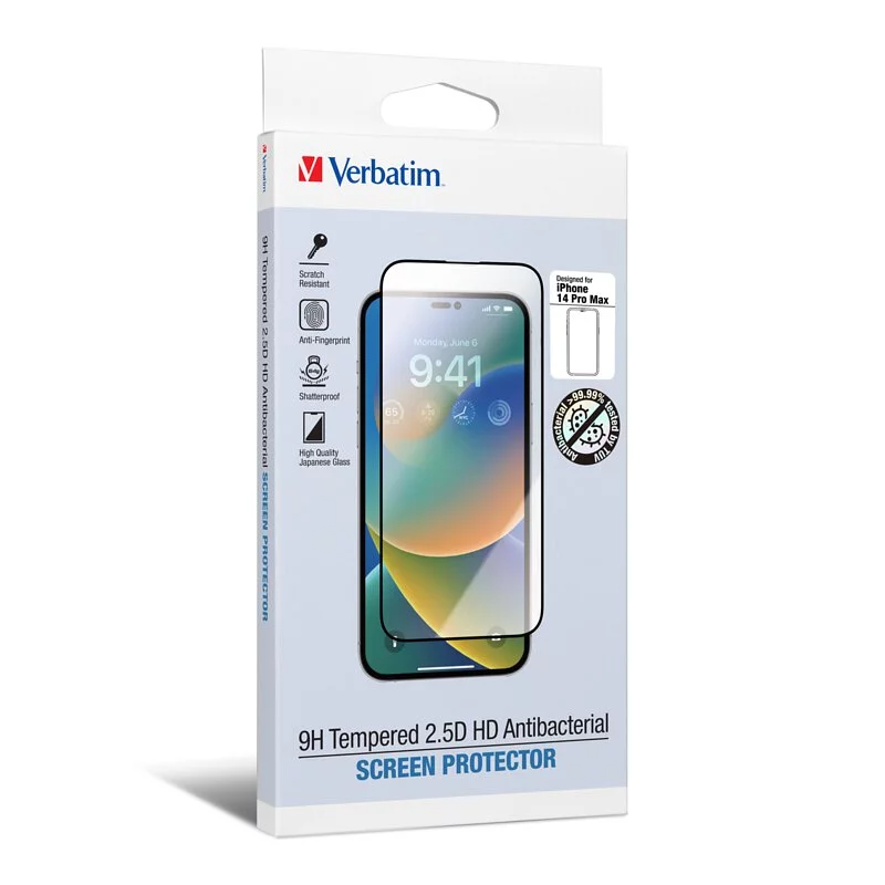 Verbatim iPhone 13 / iPhone 14 全系列 9H 鋼化 2.5D 高清抗菌屏幕保護膜 [#66836#66837#66838#66839] iPhone 13 / iPhone 14 Pro Pro Max Plus