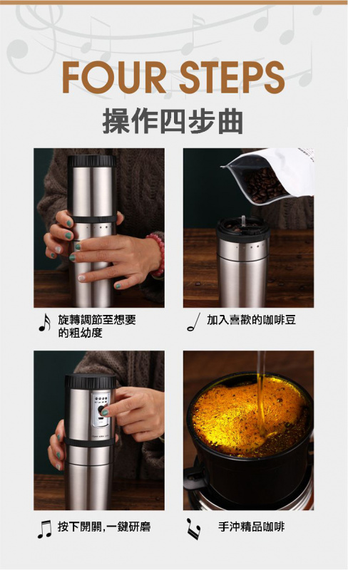 Zigo 電動不銹鋼便攜咖啡研磨器杯