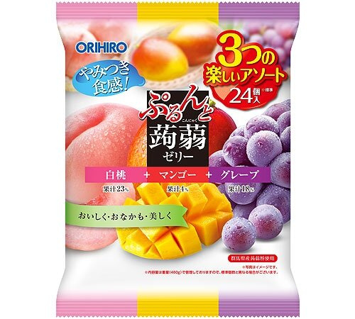 Orihiro - 【6424】三色蒟蒻果凍-白桃+芒果+葡萄味24個裝480g 