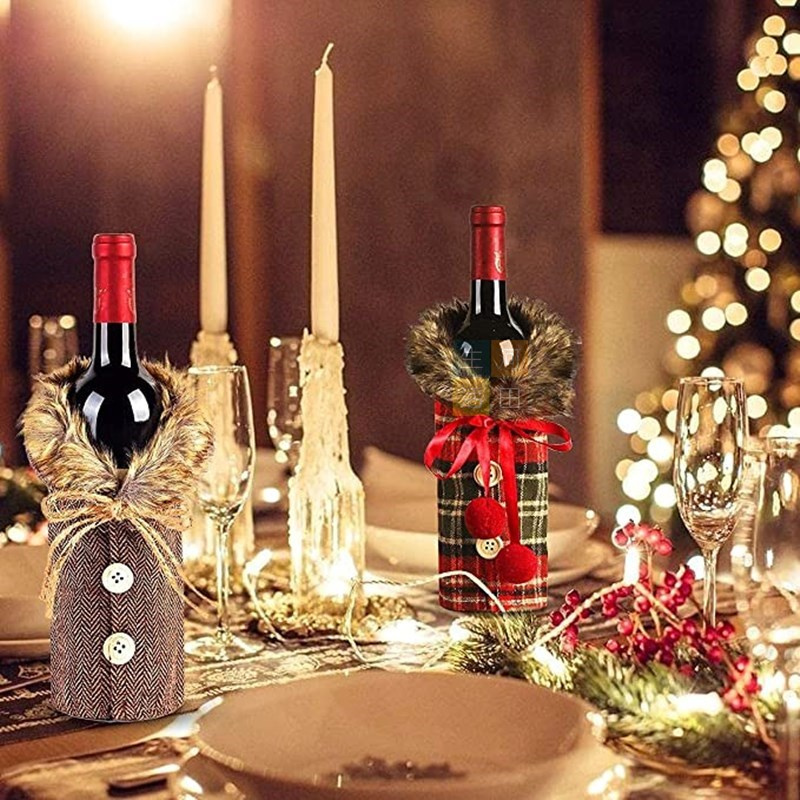 聖誕毛毛衫酒樽套(紅色)[共2款選擇]|聖誕鈕扣裝飾酒瓶套|紅色立體格仔褸酒樽外套|英倫亞麻格子風|派對用品|DIY酒壺禮物|節日慶祝佈置