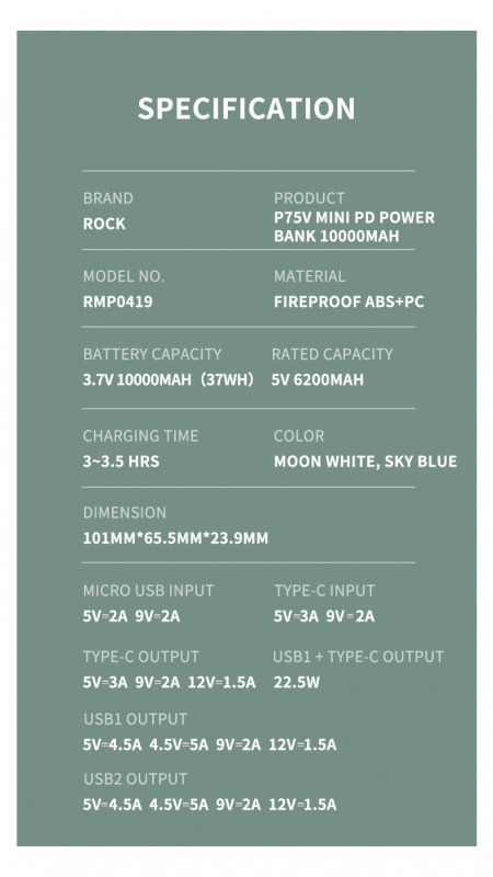 Rockspace P75V Mini PD Power Bank 10000mAh - White