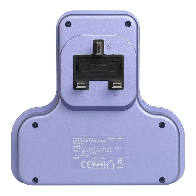 Verbatim 3位PD & QC 3.0 T型擴充電源插座 [#66848 (黑色) #66852 (紫色)]