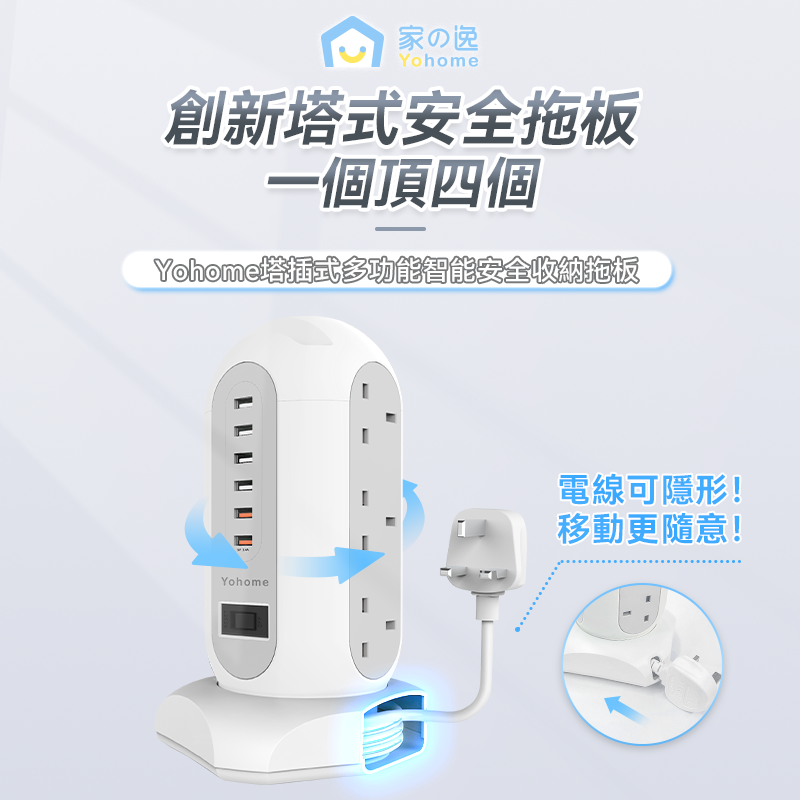 家の逸 - Yohome 塔插式多功能智能安全收納拖板 (USB拖板 | 蘇頭分插 | 6位USB輸出口)【香港行貨】