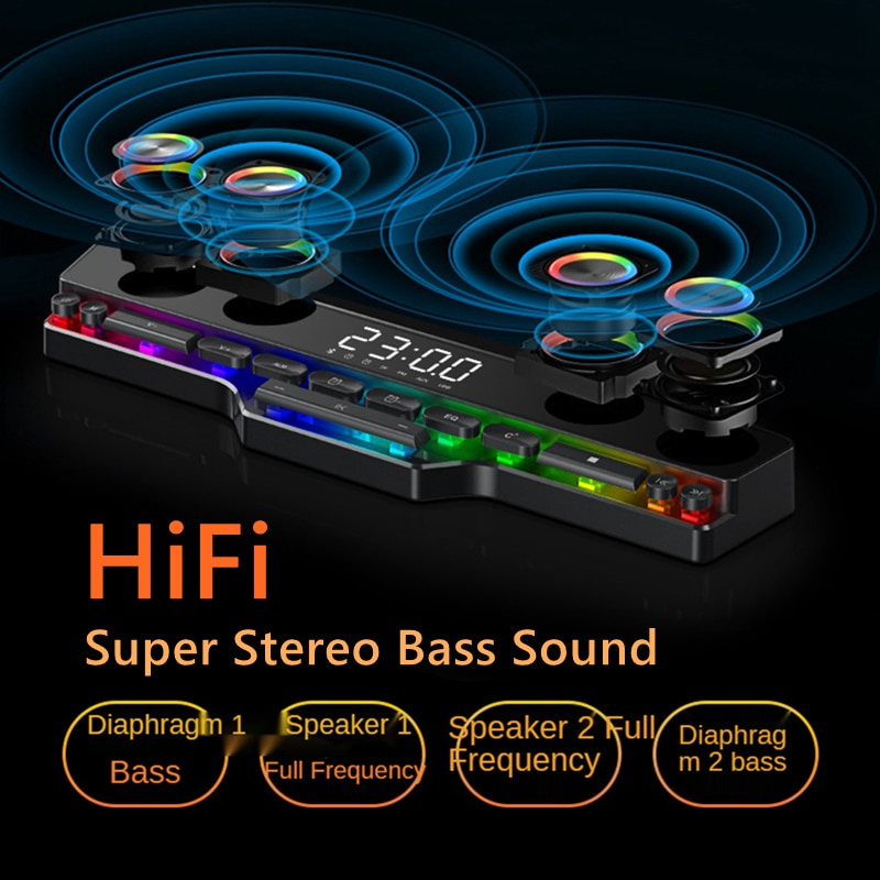 HIFI Stereo Bass Bluetooth Soundbar with Keyboard for PC Gamer Home Theater RGB Music Subwoofer FM radio Speaker, Alarm Clock