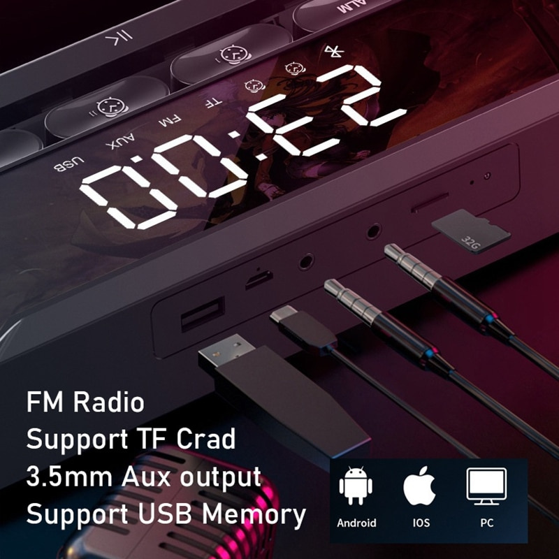 HIFI Stereo Bass Bluetooth Soundbar with Keyboard for PC Gamer Home Theater RGB Music Subwoofer FM radio Speaker, Alarm Clock