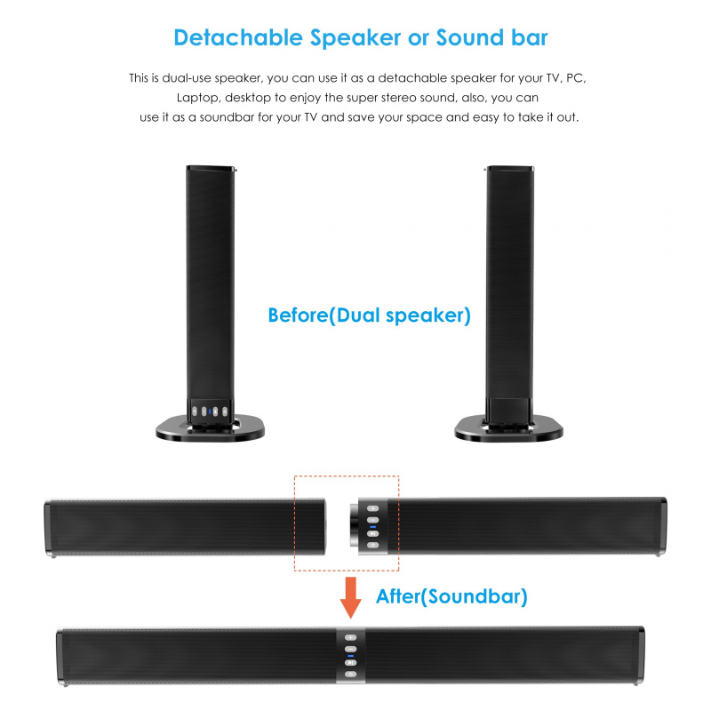 20W TV Soundbar 可分離藍牙音箱帶 MIC 內置低音炮家庭影院 4.0 聲道 3D 環繞音柱適用於 PC