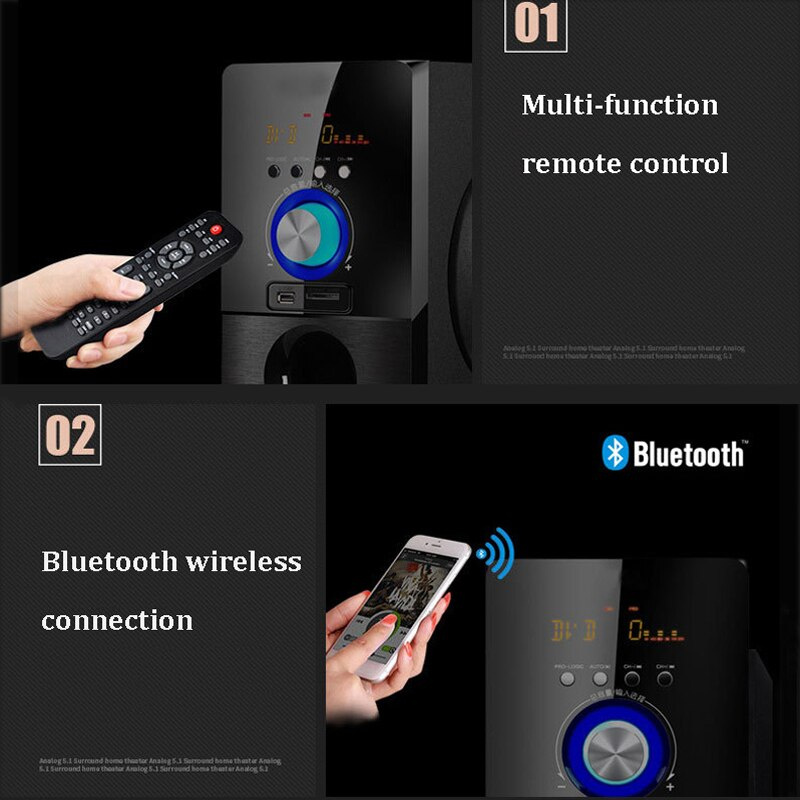 5.1 聲道家庭影院音響系統藍牙音箱，低音炮支持電視電腦的光學 AUX 同軸揚聲器