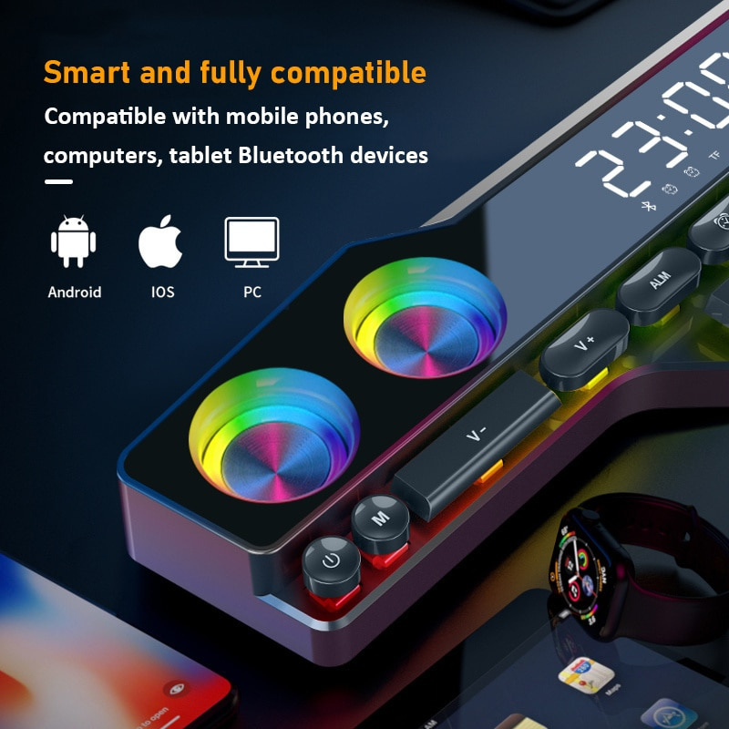 帶時鐘顯示功能的條形音箱新款無線 RGB 遊戲音箱 3D Hifi 立體聲條形音箱音樂中心 PC 音箱推薦