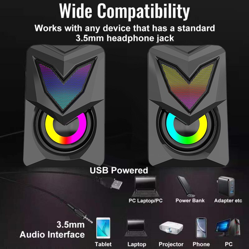 新款2.0線控USB迷你電腦音箱RGB彩光遊戲氛圍有線小音箱