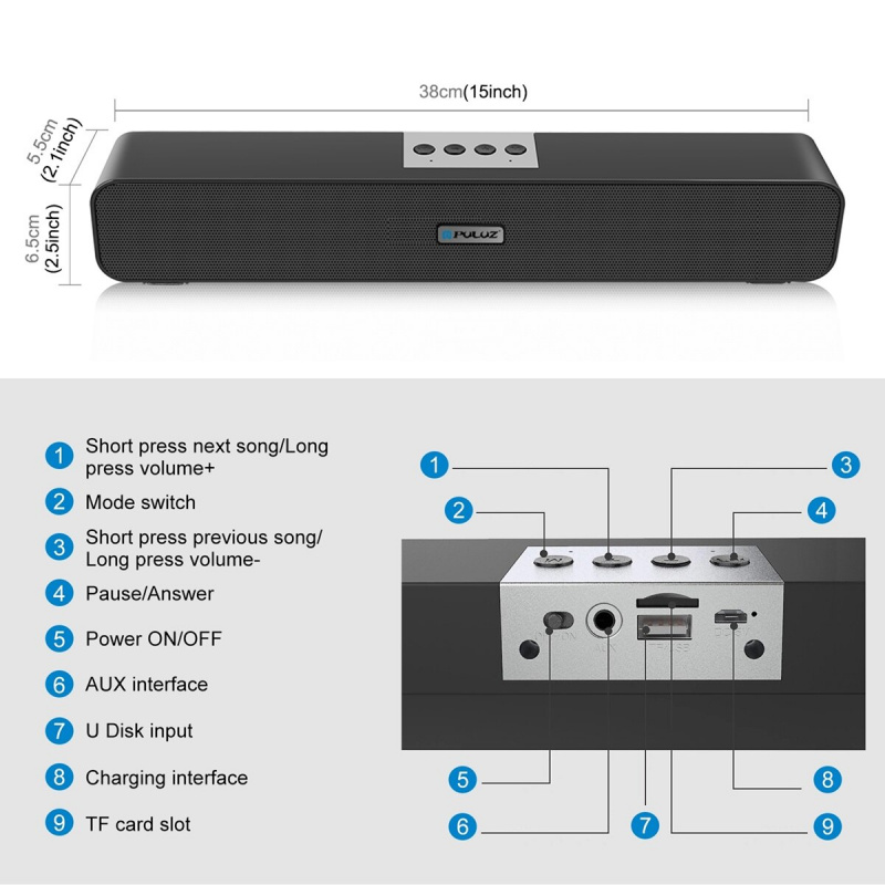 PULUZ Soundbar 有線和無線藍牙家庭環繞音箱適用於 PC 影院電視音箱