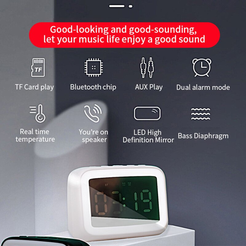 無線藍牙 5.0 揚聲器便攜式 FM 收音機鬧鐘帶鏡子夜燈 LED 顯示屏支持 USB TF 卡