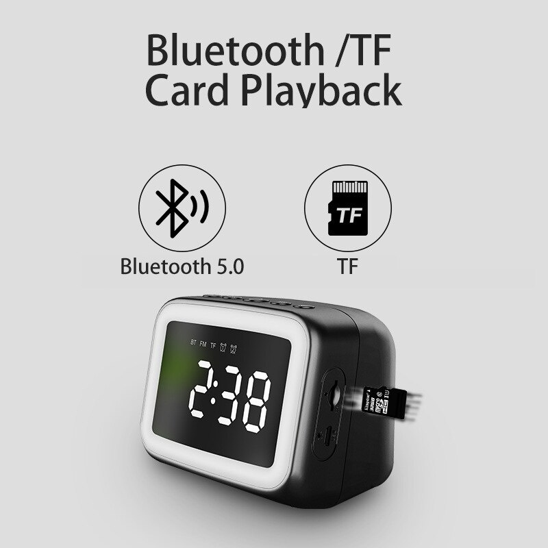 無線藍牙 5.0 揚聲器便攜式 FM 收音機鬧鐘帶鏡子夜燈 LED 顯示屏支持 USB TF 卡