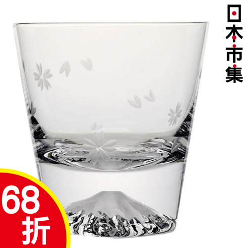 日本入口 - 日本製【江戶硝子】田島硝子 富士山櫻花圖案 玻璃杯 (櫻花裹布 工藝原木禮盒)【市集世界 - 日本市集】