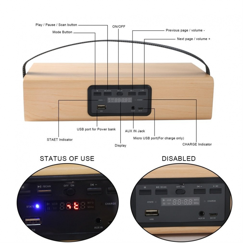 木製藍牙兼容揚聲器 FM 收音機 MP3 播放器輔助便攜式無線 4000mah 平板電腦可充電電池