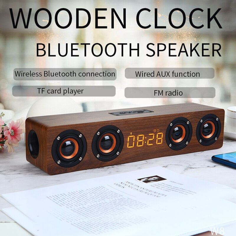 木製藍牙音箱 4 揚聲器條形音箱電視回音壁家庭影院音響系統帶時鐘鬧鐘收音機音箱適用於 PC 電視