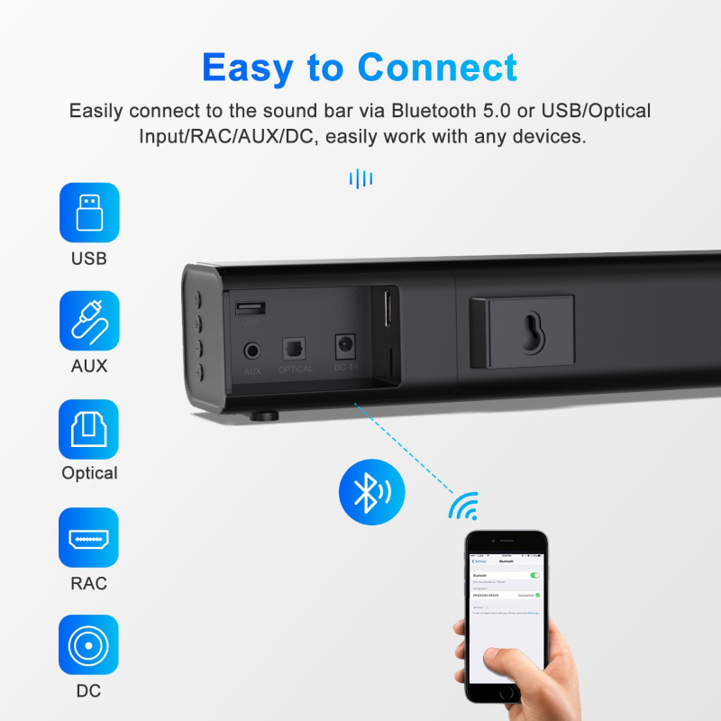 20W TV SoundBar Bluetooth Speaker 16-inch 2.0 CH Wired & Wireless Sound Bar Home Audio System for PC Theater TV Speaker