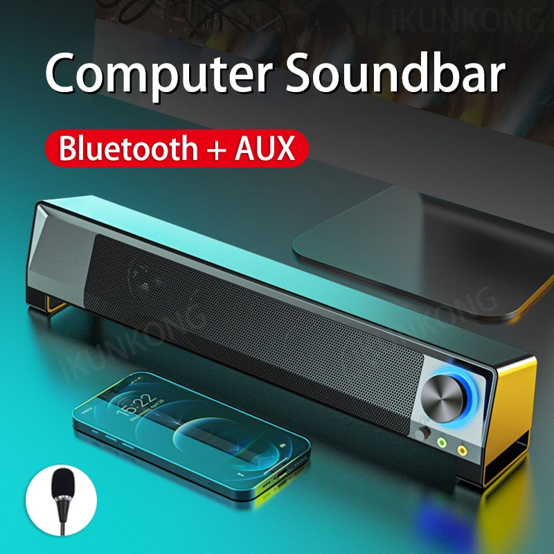 2022 LED 電視條形音箱電腦音箱 AUX 有線無線藍牙音箱 PC 家庭影院系統條形音箱帶外置麥克風