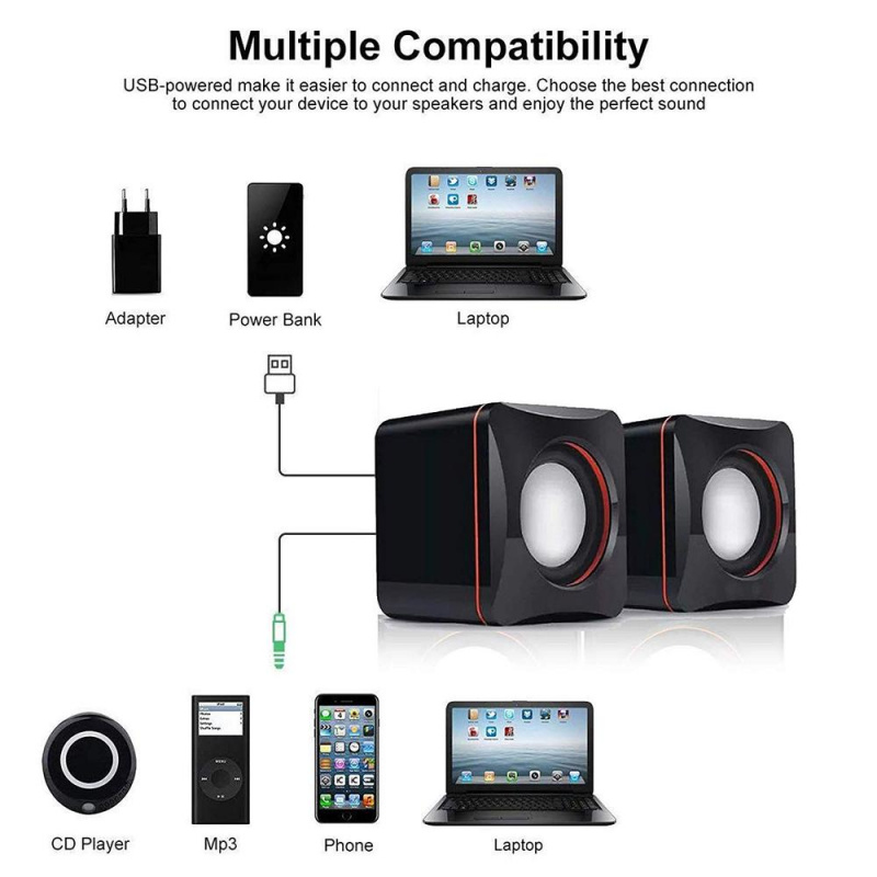 便攜式有線迷你電腦揚聲器低音音樂播放器 USB 供電和 3.5 毫米音頻適用於平板電腦 MP3 MP4 和更多設備
