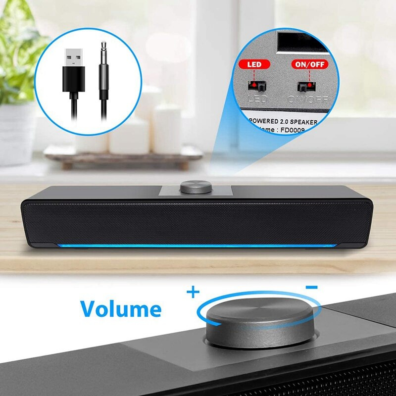 PC Speakers, Computer Speakers Wired Soundbar USB LED Powered Speakers With Powerful Stereo, 3.5 毫米輔助輸入