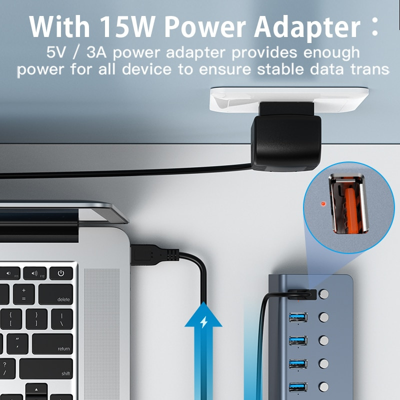 Schitec 8 端口供電 USB 3.0 集線器 USB 擴展帶開 關開關 15W 適配器支持分離器計算機配件