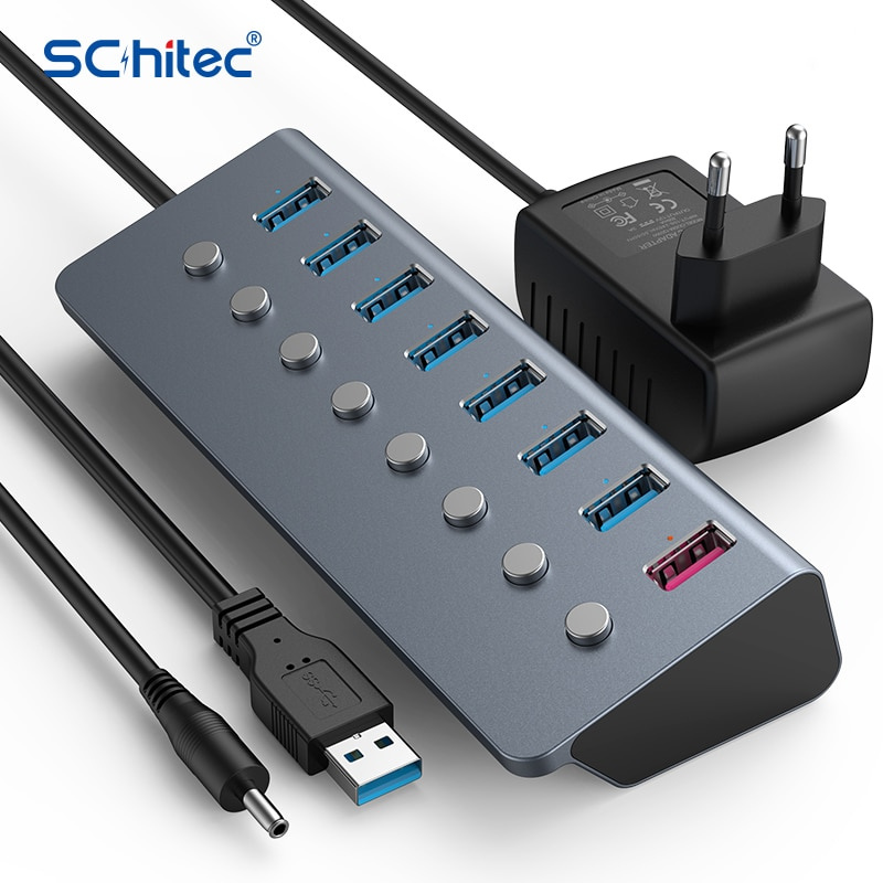 Schitec 8 端口供電 USB 3.0 集線器 USB 擴展帶開 關開關 15W 適配器支持分離器計算機配件