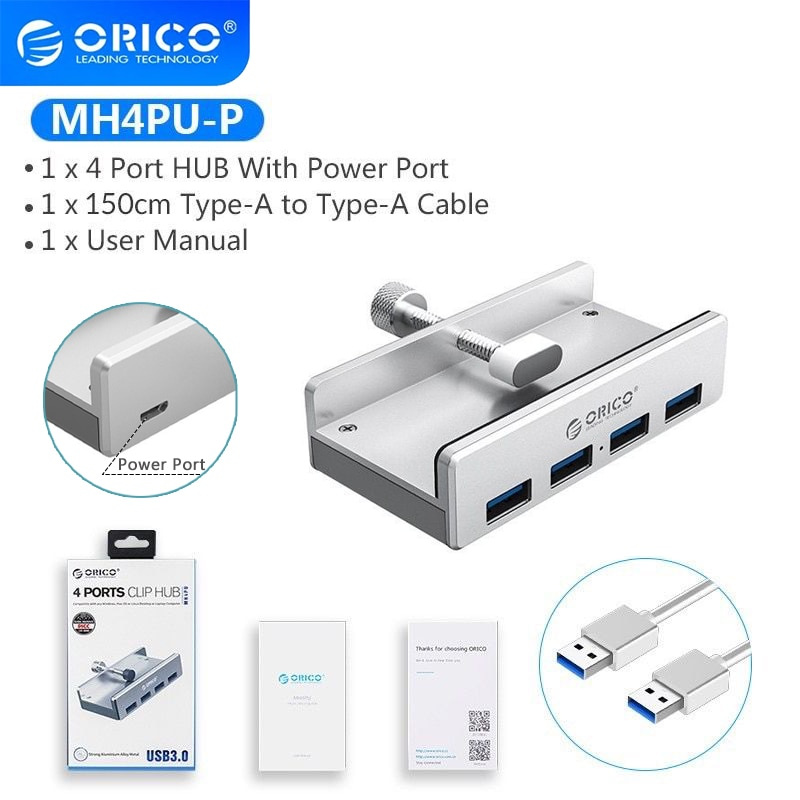 ORICO MH4PU 4 USB 3.0 HUB帶電源超高速擴展5GBPS數傳適用筆記本電腦配件