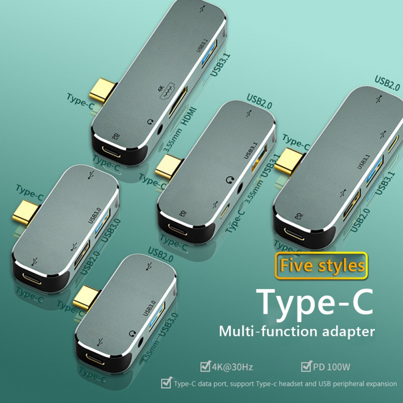 Multi-function 6 in 1 Type-C Hub 3.55mm Jack PD100W USB3.0 USB2.0 USB3.1 HDMI-Compatible USB Extender Hub