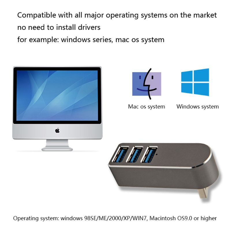 VAORLO 3端口USB3.0集線器旋轉USB HUB鋁合金分線器適配器適用於筆記本電腦高速傳輸HUB