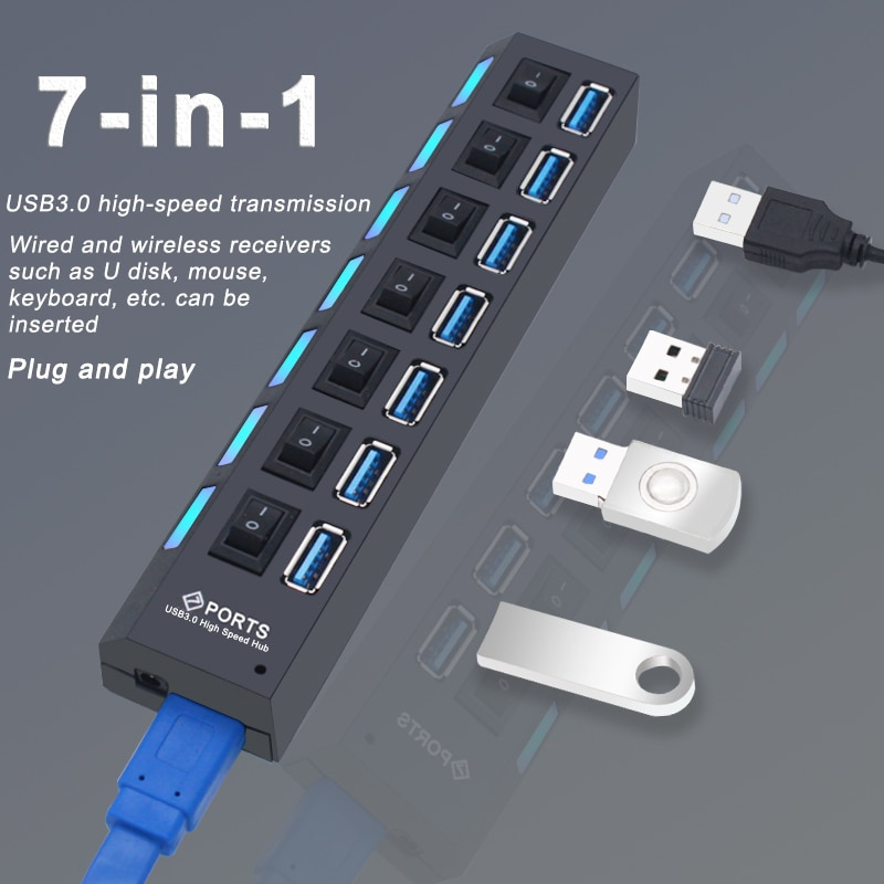 3.0 USB Hub Multi USB Splitter USB Multi Hub USB 3 Hub Use Power Adapter 4 7 Port 2.0 USB Port with Switch Computer Accesso