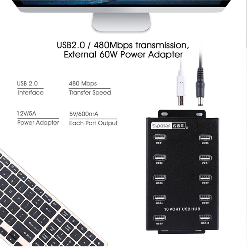 Sipolar 10 端口 60W 供電 USB 2.0 集線器高速適配器延長電纜即插即用適用於 PC 筆記本電腦手機平板電腦 SSD HDD