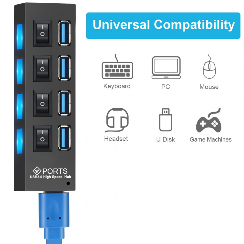 USB 3.0 集線器 USB 集線器 3.0 多 USB 分配器 3 家用電源適配器 4 7 端口多擴展器 2.0 USB3 集線器帶開關適用於 PC