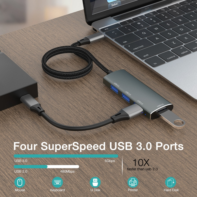 YUCUN USB HUB 3 0 4 端口 USB 3.0 適配器 5Gbps 高速多 USB C 分配器適用於聯想 Macbook Pro PC 配件 tipo c