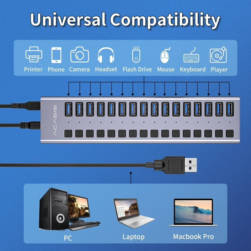 Acasis 多端口供電 USB 3.0 集線器 USB 擴展帶開 關開關 15V 適配器支持分離器計算機配件