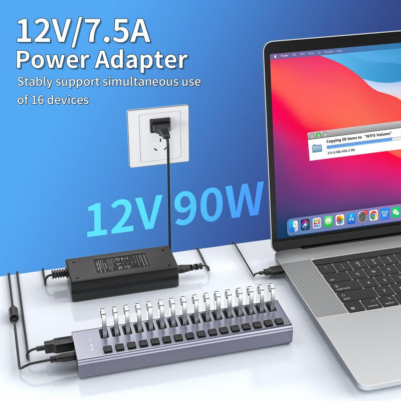 Acasis 多端口供電 USB 3.0 集線器 USB 擴展帶開 關開關 15V 適配器支持分離器計算機配件