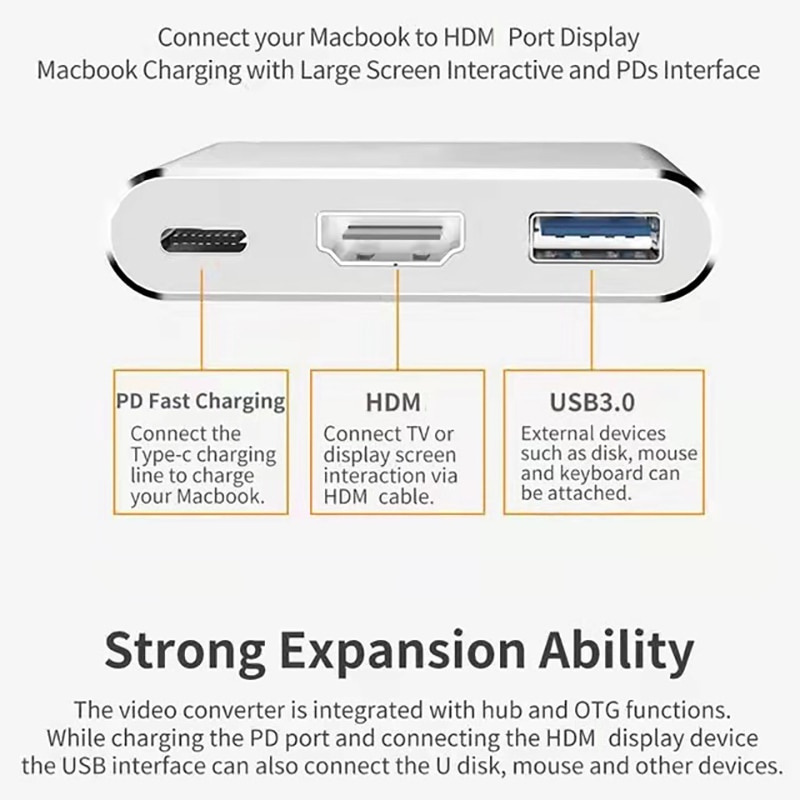 USB C 集線器 Type C 轉 HDMI 兼容分路器 USB 3.0 PD 快速充電適配器 USB 集線器適用於 MacBook 華為三星 PC 配件