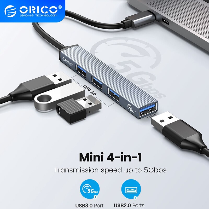 ORICO USB A C 迷你 4 合 1 端口 USB 3.0 2.0 HUB 超薄便攜式分離器讀卡器適配器站適用於 PC 配件