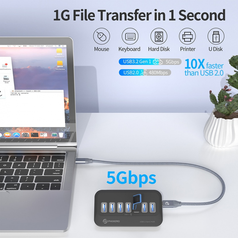 PHIXERO USB 3.2 Hub Splitter Type C Adapter Several Ports Multi Plug Switch Dock 3.0 with TF Micro SD Card Reader For PC Ma