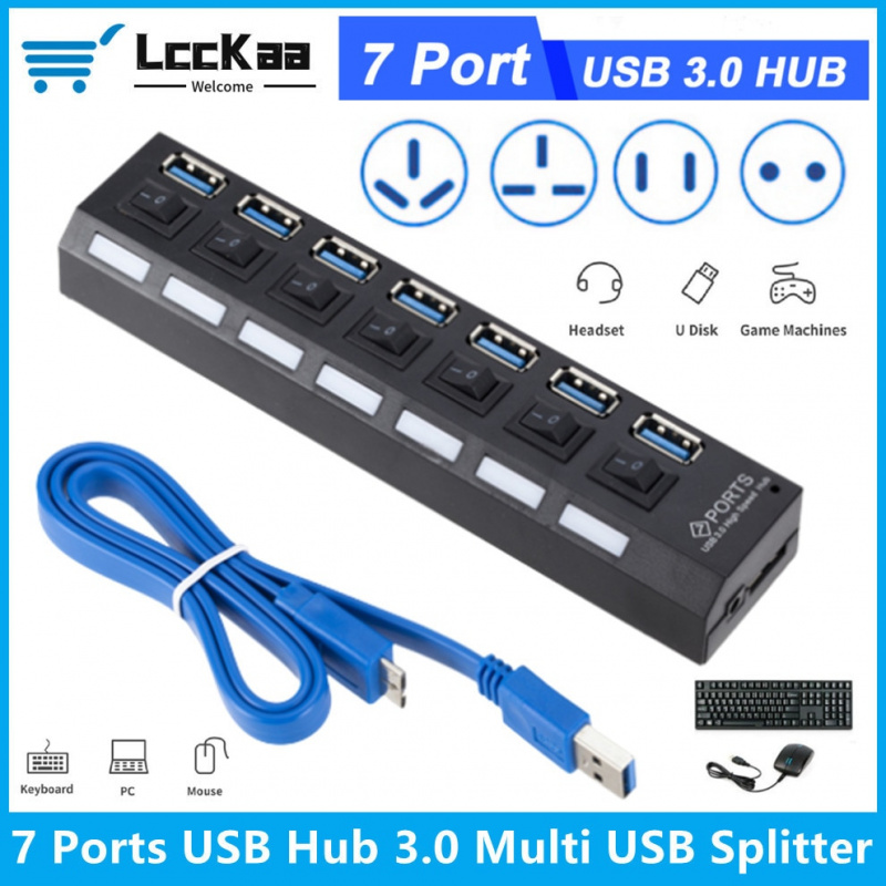 LccKaa USB 集線器 3.0 USB 分離器多集線器 USB 3.0 適配器 USB 7 端口電源適配器 USB 3.0 帶開關筆記本電腦配件適用於 PC