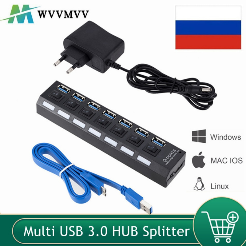 WvvMvv USB 3.0 集線器 USB3.0 集線器多 USB 分離器 3 家用電源適配器 7 端口多擴展器 3.0 USB 集線器帶開關適用於 PC
