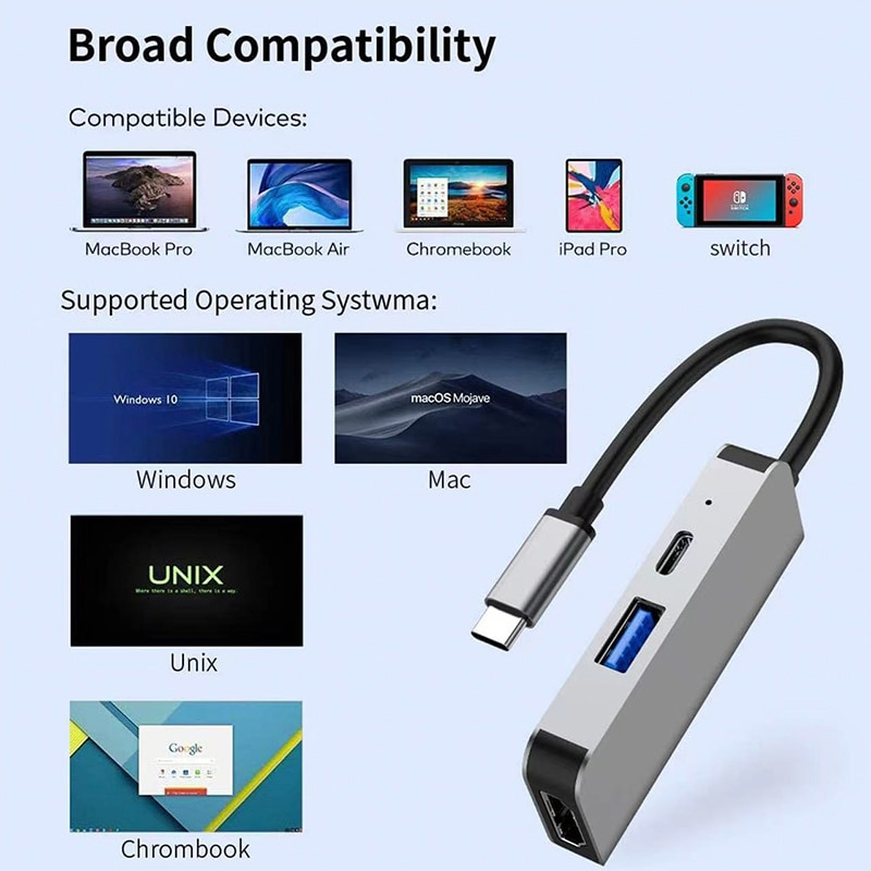 USB C Hub Type C to 4K@60 HDMI-compatible for MacBook Air Pro USB3.0 Adapter Data Sync 100W PD Charging Dock 3 IN 1 Splitter