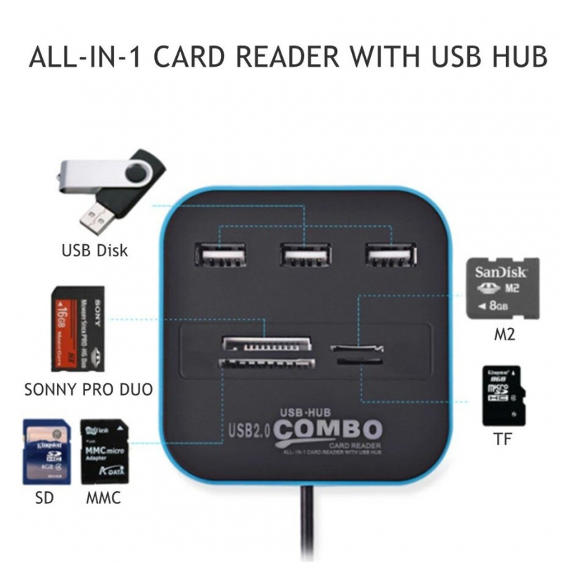 PzzPss 3 Ports USB2.0 Hub Combo USB Micro Card Reader SD TF USB Splitter Hub Combo All In One For Laptop Computer Accessories
