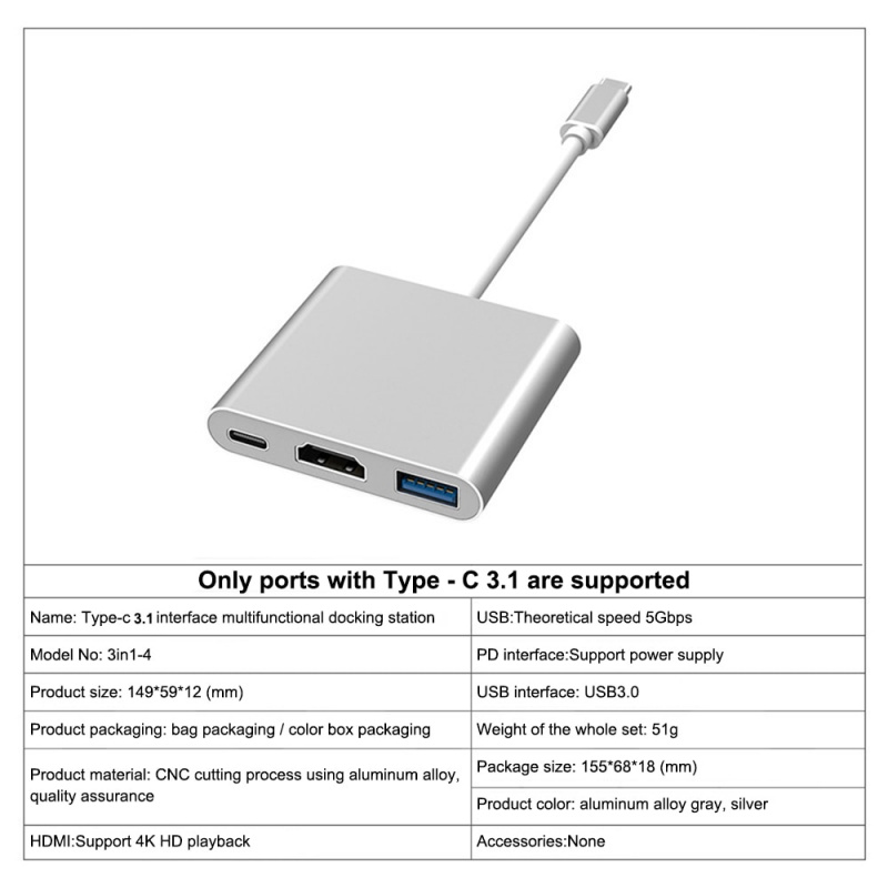 3 合 1 USB C 型集線器轉 4K HDMI 高清電視 Type-C USB 3.0 適用於 Ipad Pro 2018 2020 華為三星 S8 Plus 平板電腦配件